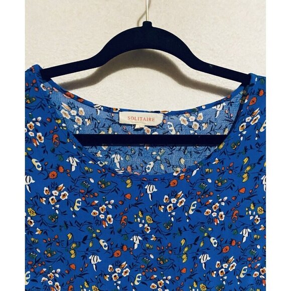 Solitaire Top Womens Large Blue Floral Ruffle Embroidered Scalloped Hem Romantic - Picture 2 of 9
